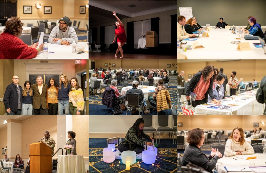 collage of people writing, presenting, and performing